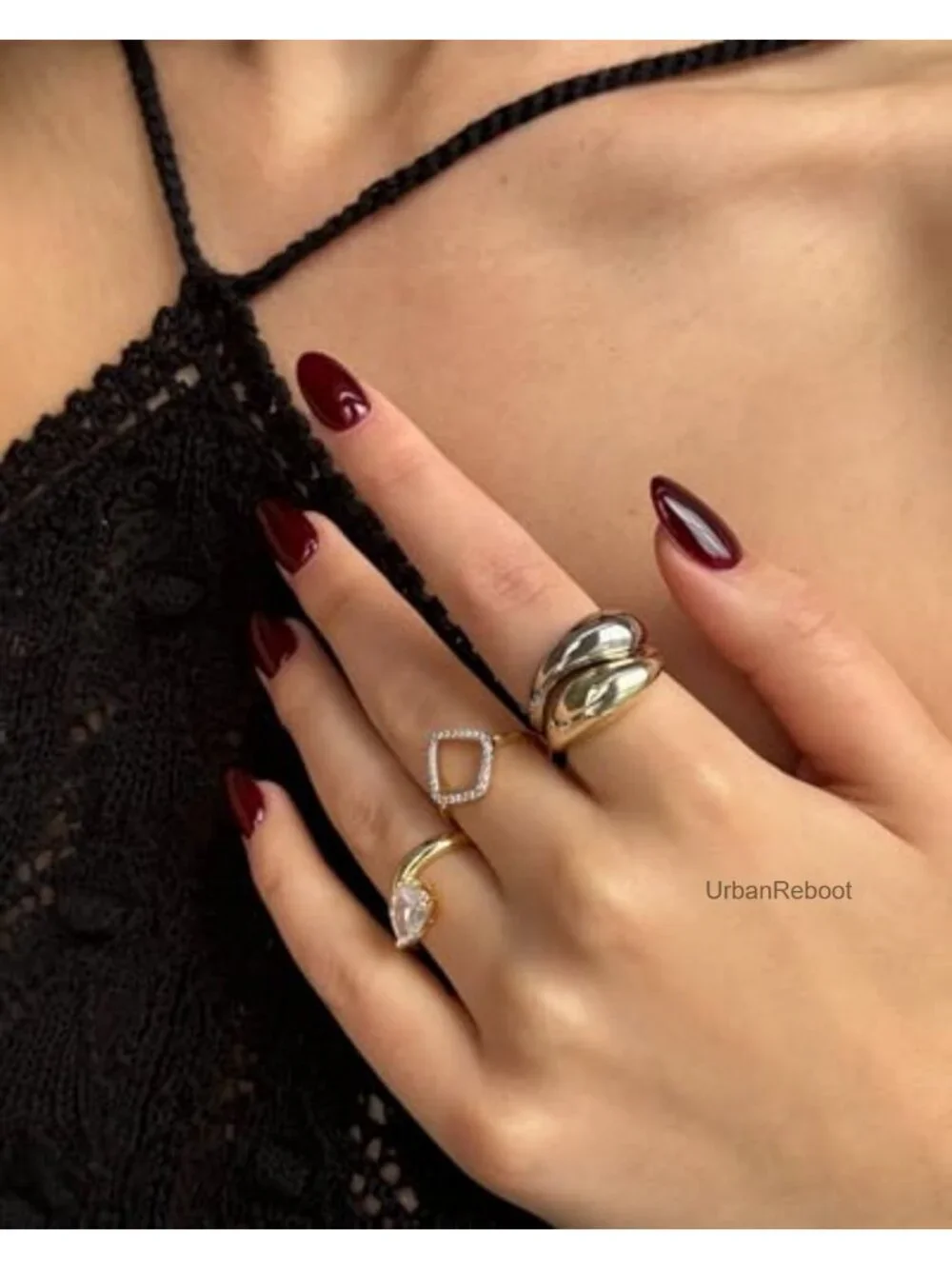 14K Gold Plated Two Toned Geometric Ring with Cubic Zirconia